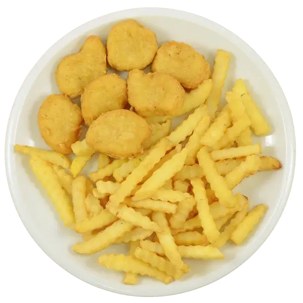 Vištienos kepsneliai su fri bulvytėmis ir padažu / Nuggets with french fries, salad and sauce